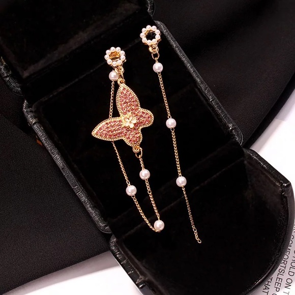 Pink Rhinestone Asymmetrical Butterfly Earrings - Picture 2 of 5